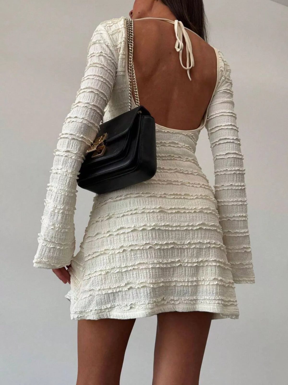 textured flare sleeve bodycon mini dress | dropsona - neutral - packaging