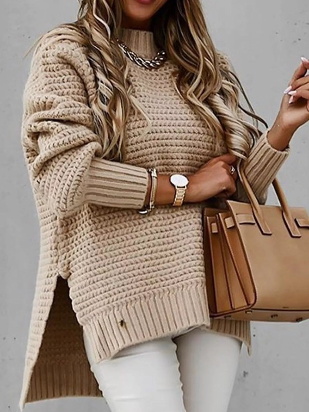 side slit textured knit sweater – ribbed,slit fit | dropsona - neutral - close-up detail