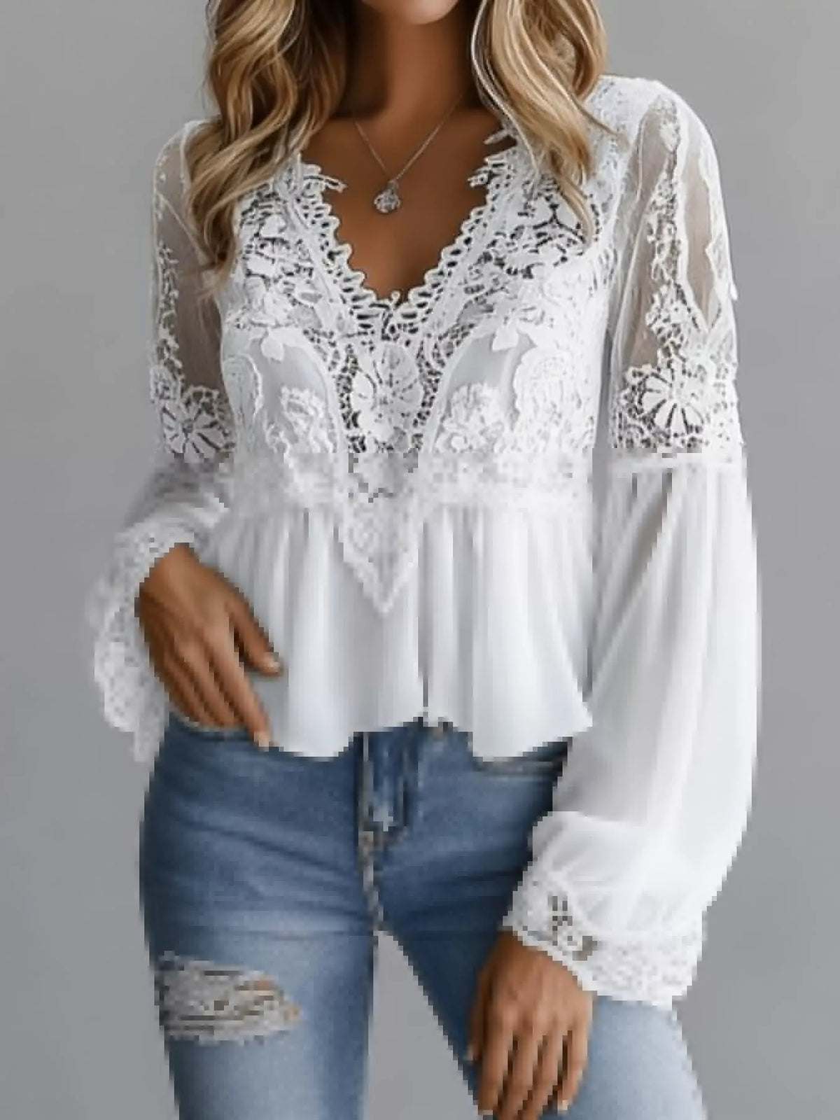 lace v-neck long sleeve blouse with peplum hem | dropsona - neutral - everyday use
