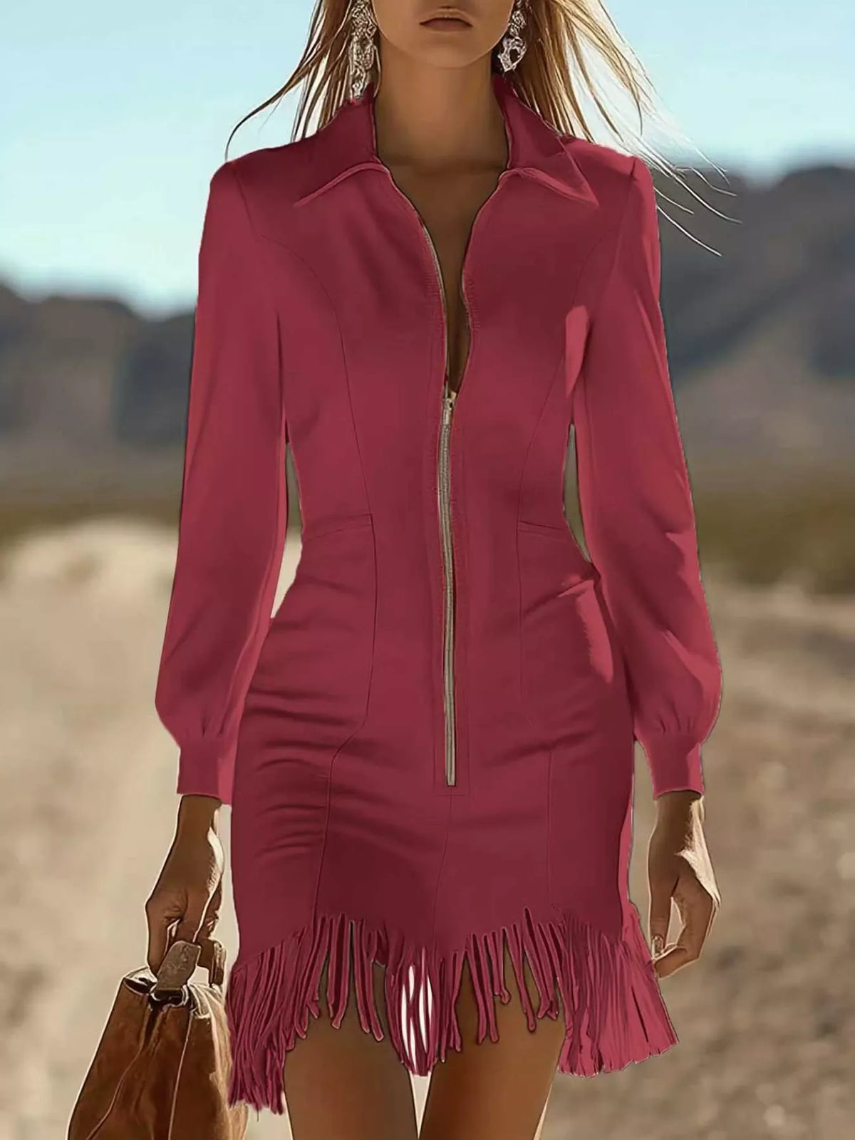zip-front long sleeve fringe hem mini dress | dropsona - neutral - usage example