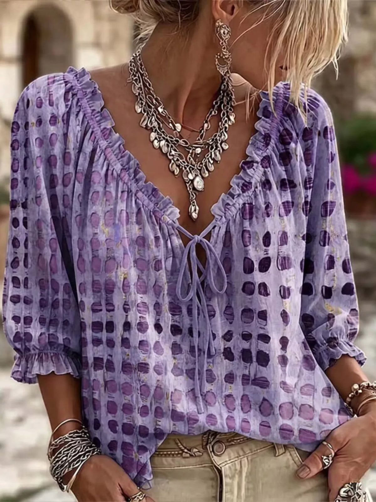 full size tie neck 3/4 sleeve blouse plus | dropsona - neutral - close-up detail