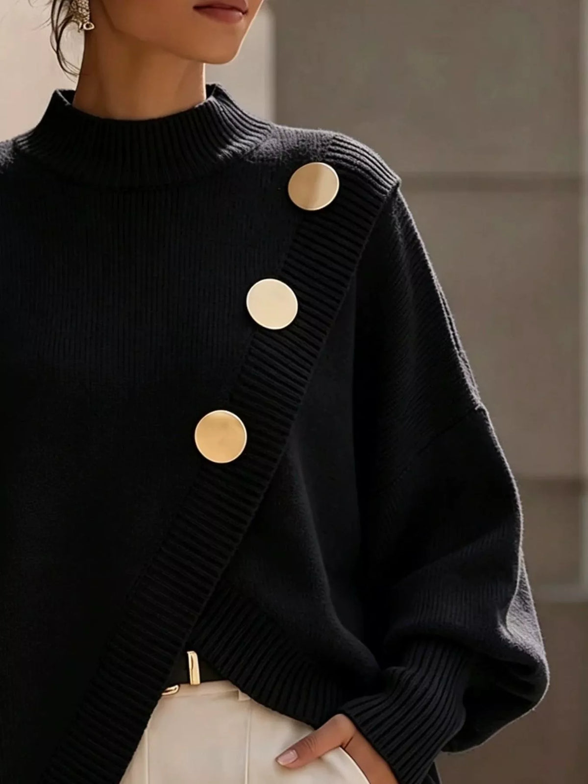 asymmetric button-decorated sweater | dropsona - neutral - material texture