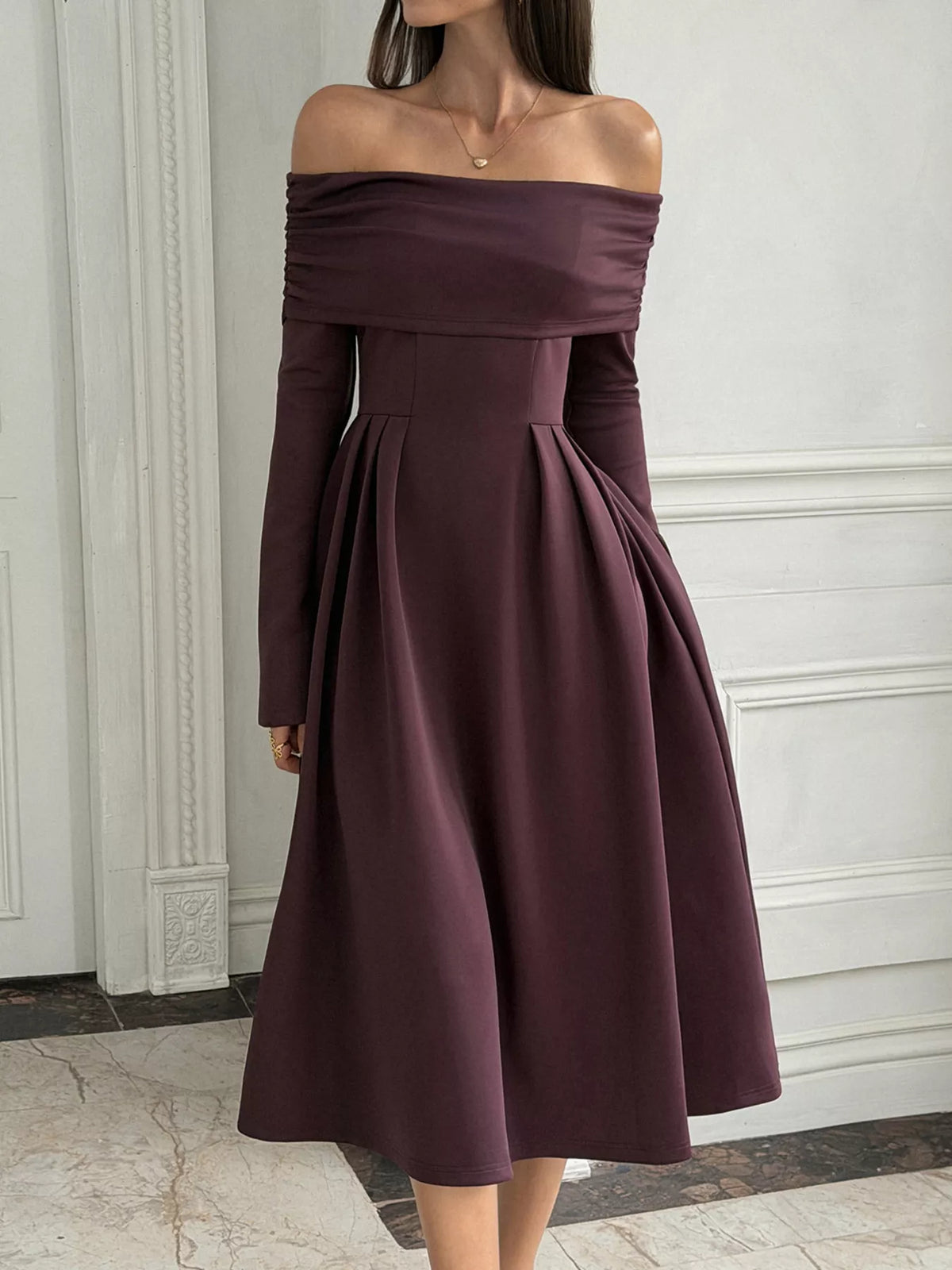 off-shoulder long sleeve midi dress – ruched, zipper | dropsona - neutral - everyday use