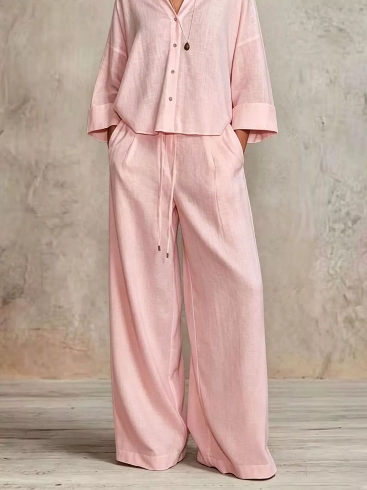 full size button-down shirt and wide-leg pants set | dropsona - neutral - usage example
