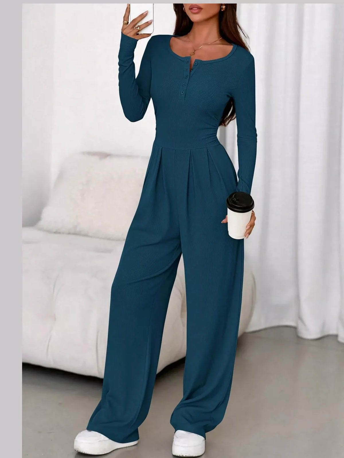 long sleeve ribbed knit wide leg jumpsuit | dropsona - neutral - close-up detail