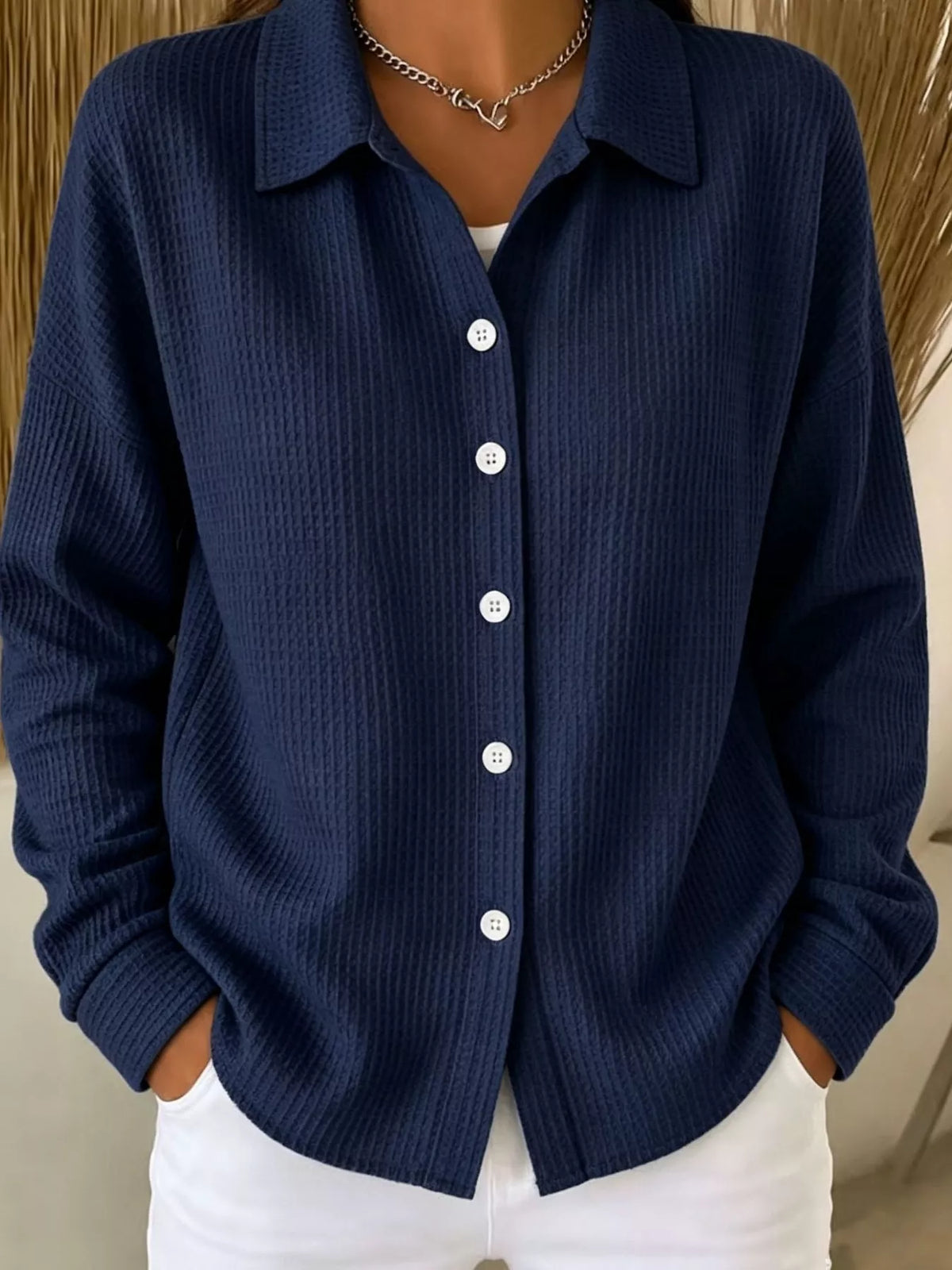 waffle knit button-down shirt – buttoned | dropsona - neutral - front view