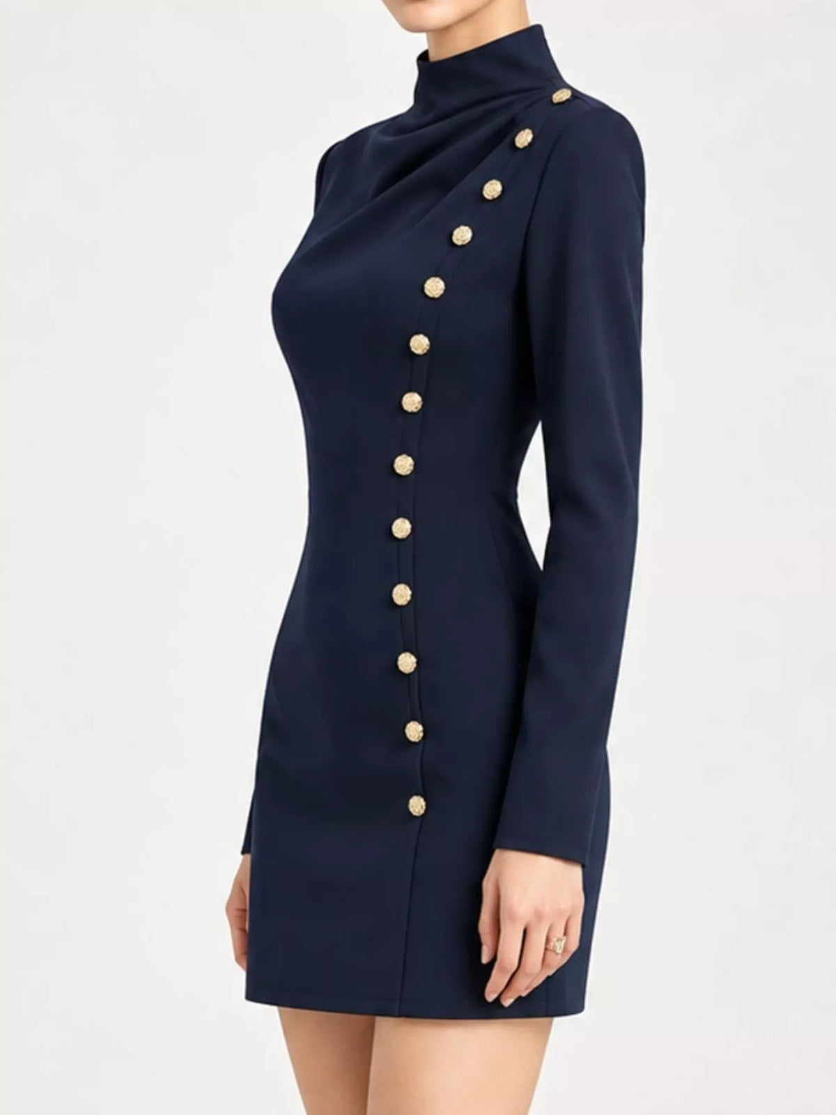 full size decorative button mock neck mini dress plus | dropsona - neutral - front view
