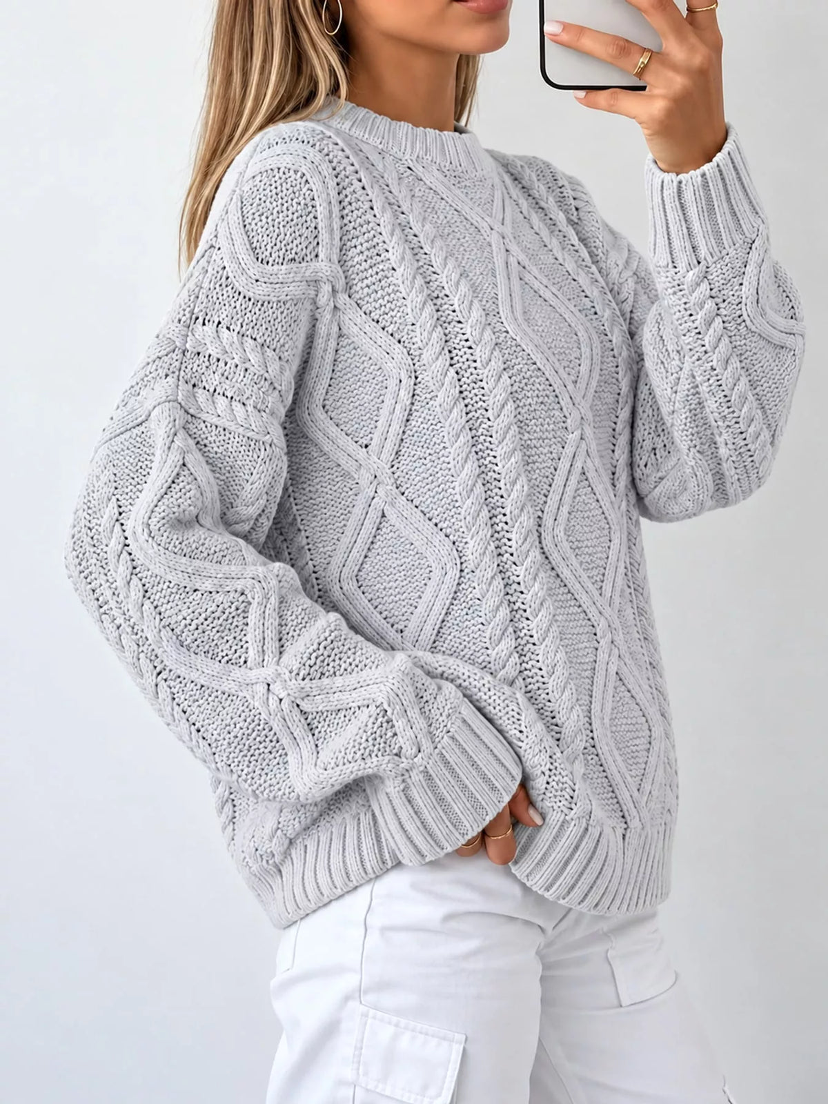 full size cable-knit round neck sweater plus | dropsona - neutral - packaging