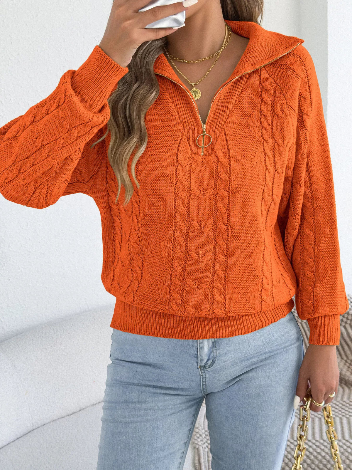 quarter-zip cable knit sweater – cable-knit,zipper | dropsona - neutral - close-up detail