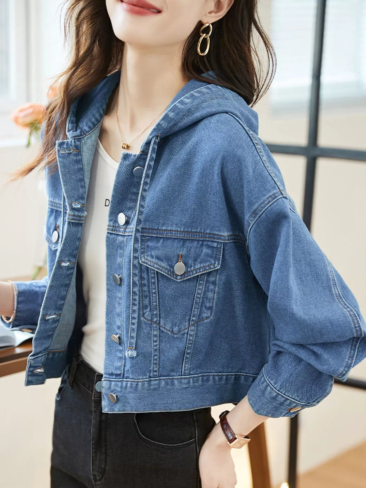 full size hooded cropped denim jacket plus | dropsona - neutral - material texture
