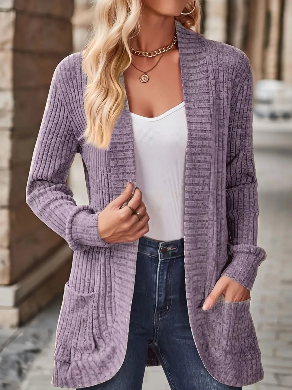 ribbed knit open front cardigan with pockets | dropsona - neutral - size reference