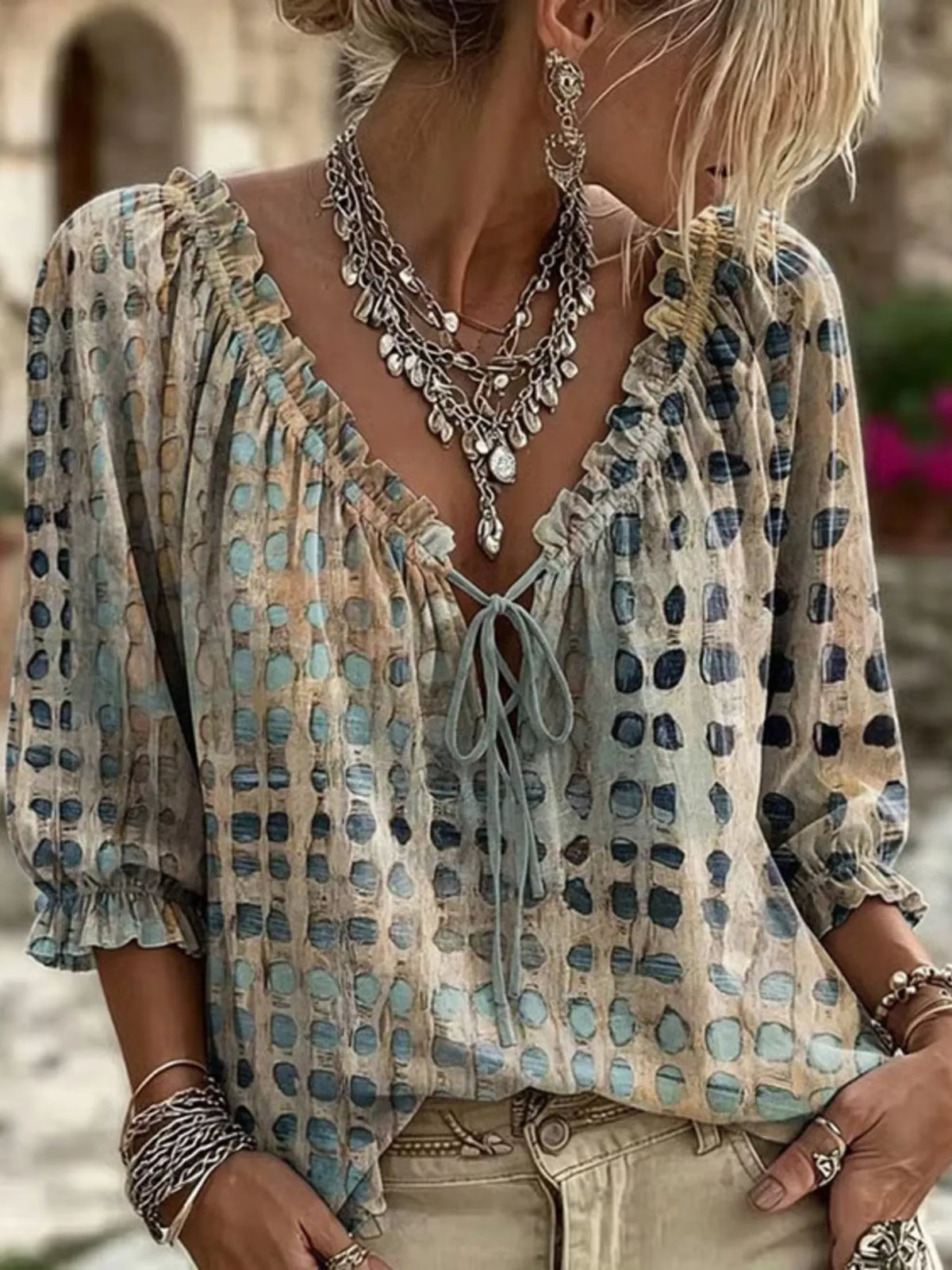 full size tie neck 3/4 sleeve blouse plus | dropsona - neutral - everyday use