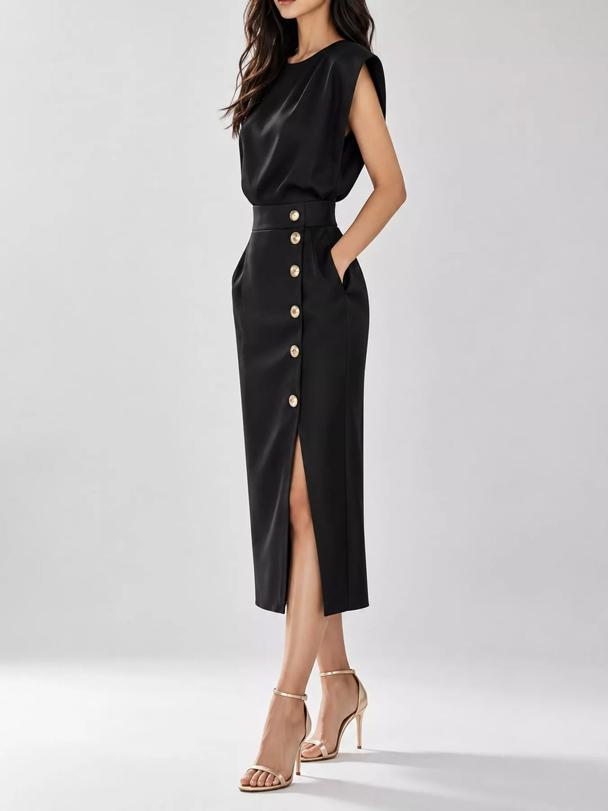 sleeveless midi dress with gold button detail and | dropsona - neutral - front view