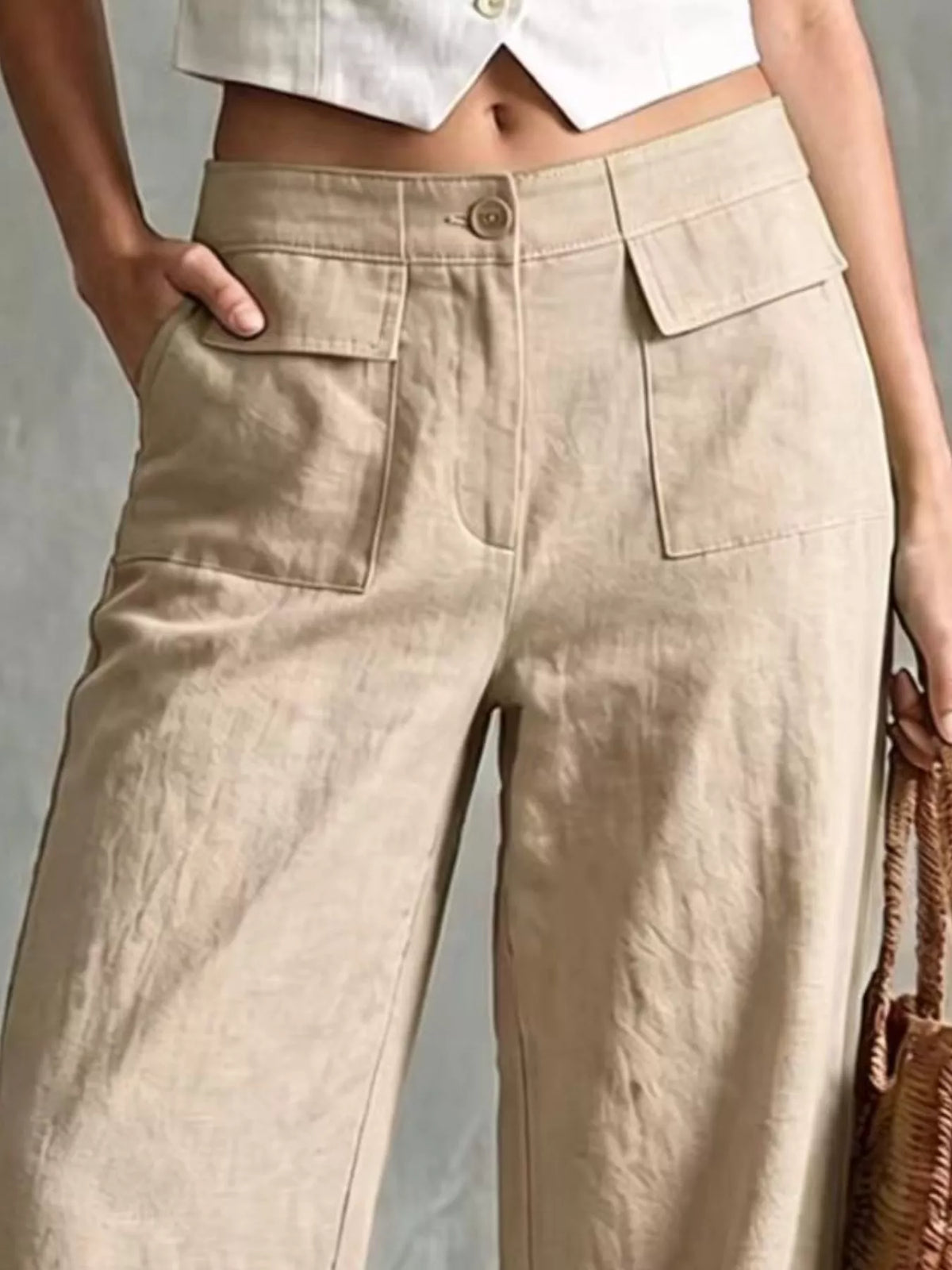 full size high-waisted wide-leg cargo pants plus | dropsona - neutral - front view