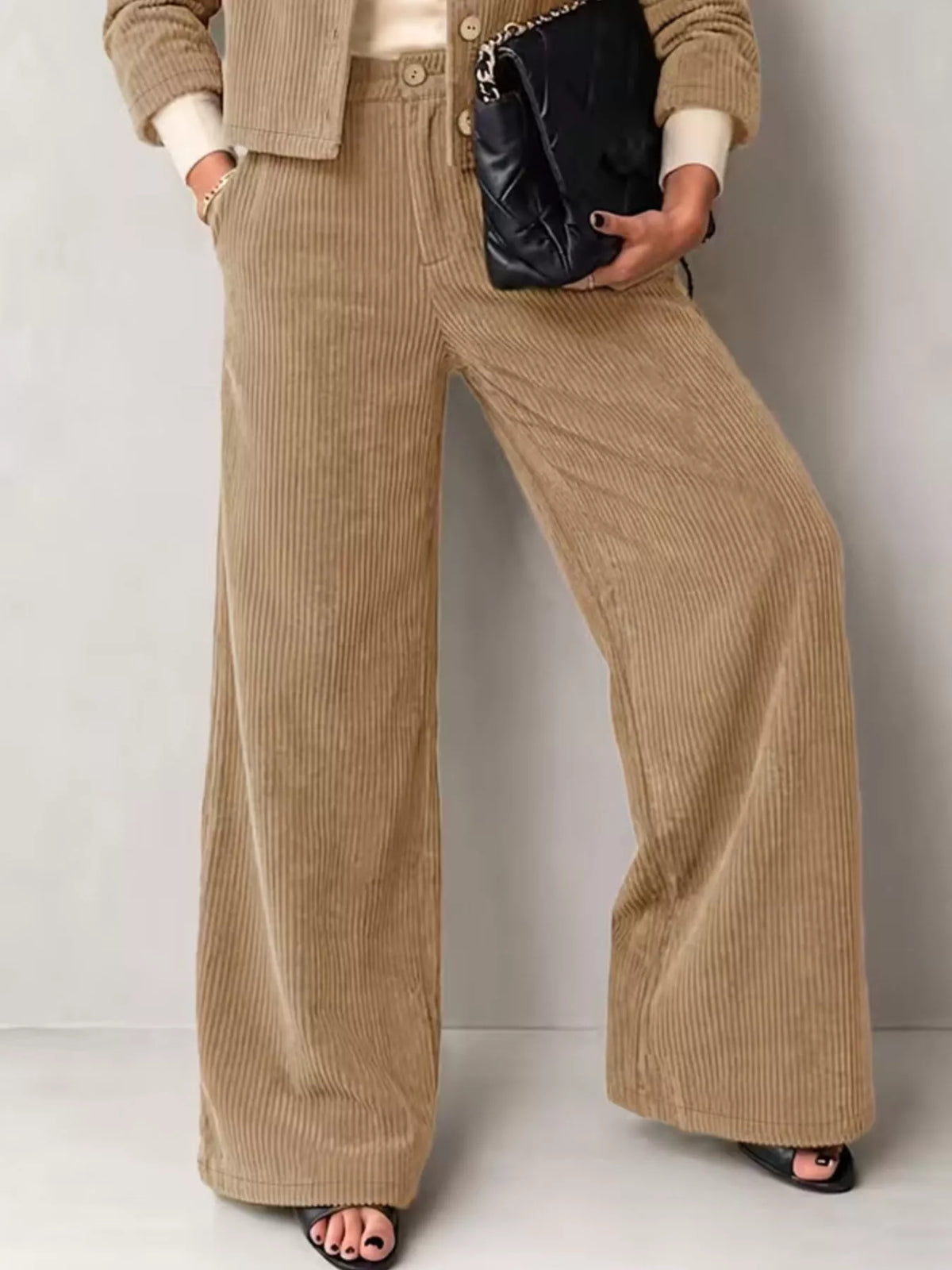 full size corduroy button-down jacket and wide-leg | dropsona - neutral - close-up detail
