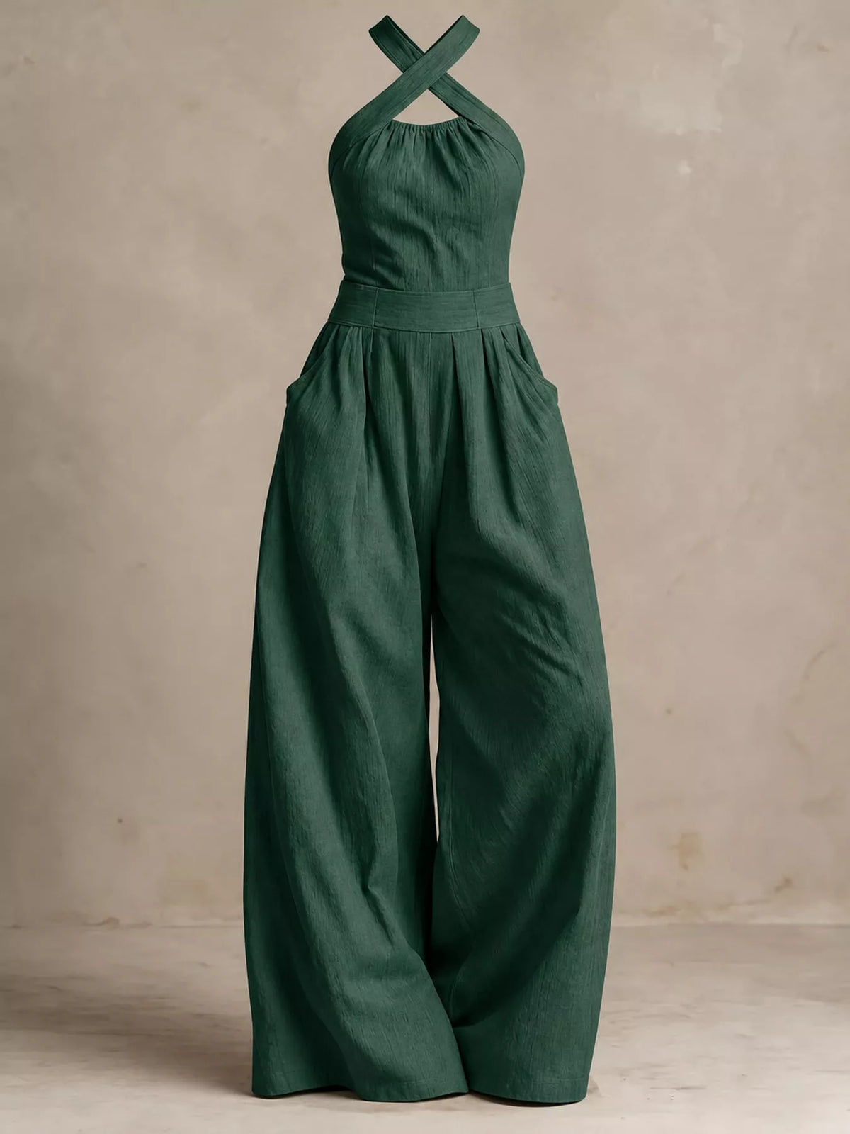 full size halter neck wide-leg jumpsuit plus | dropsona - neutral - close-up detail