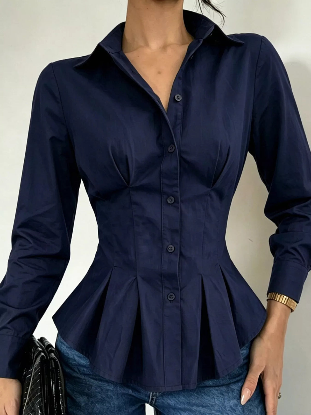 button-down peplum blouse with fitted waist | dropsona - neutral - usage example
