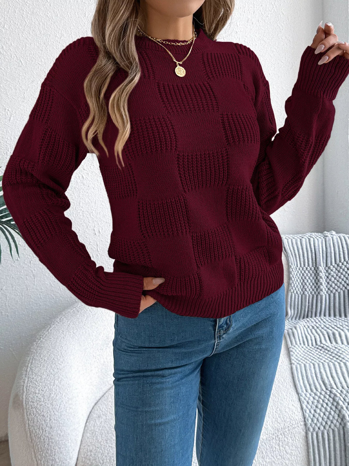checkerboard textured knit sweater | dropsona - neutral - front view