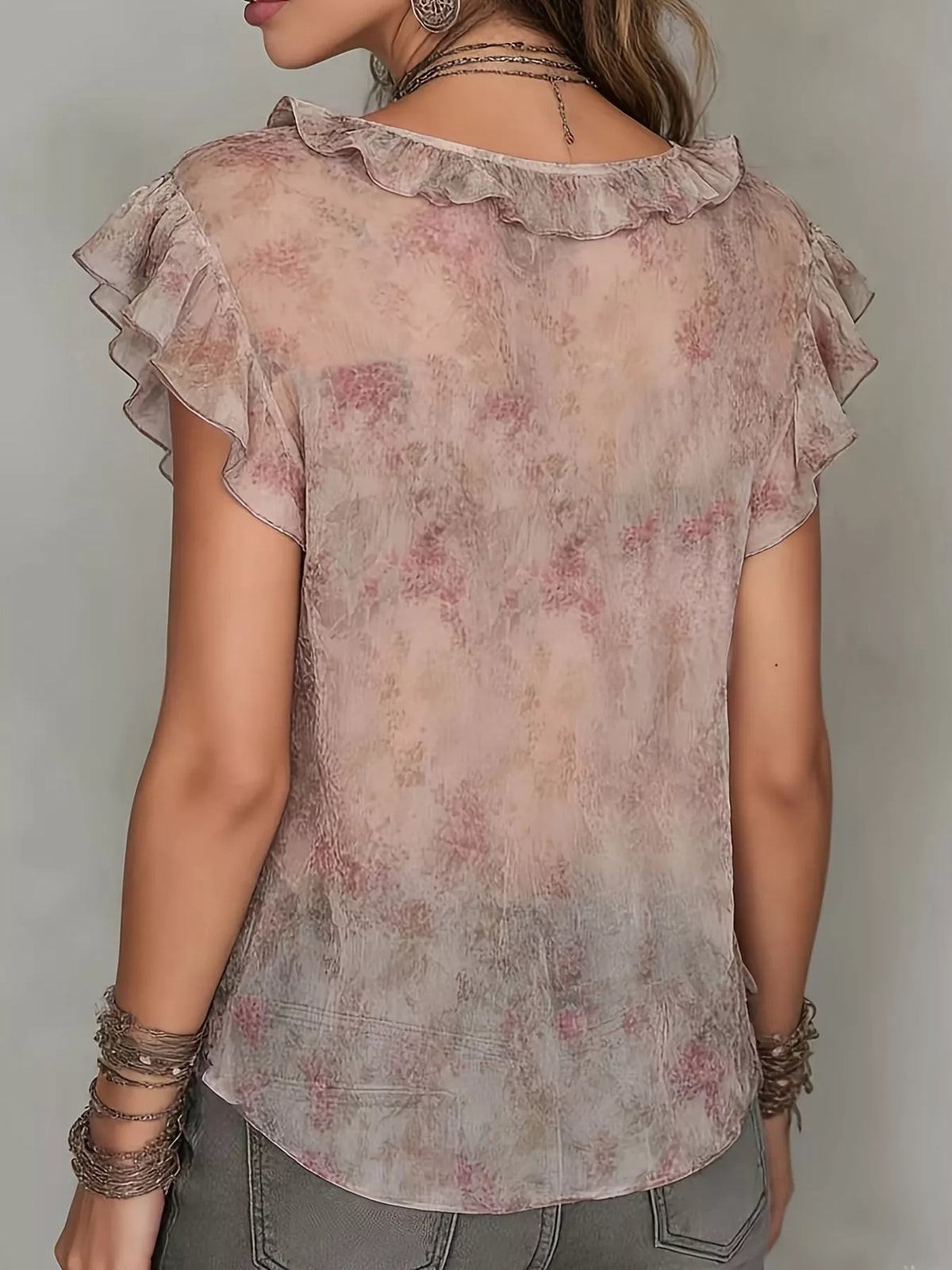 floral print ruffled v-neck blouse | dropsona - neutral - front view