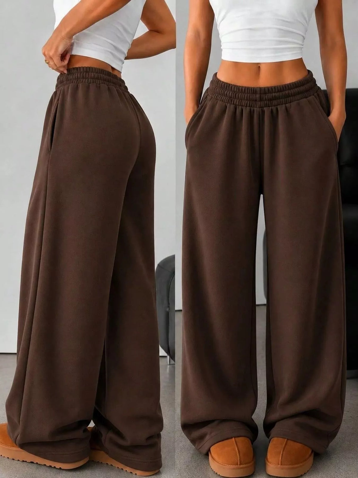 elastic waist wide-leg sweatpants – pocketed | dropsona - neutral - size reference