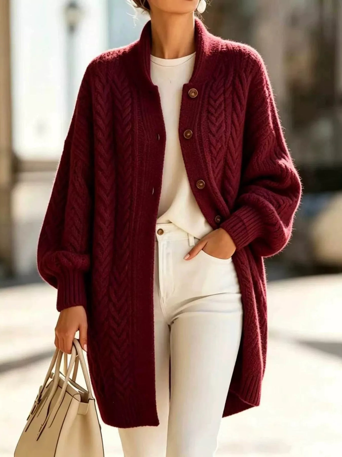 full size cable-knit button-down cardigan plus | dropsona - neutral - size reference