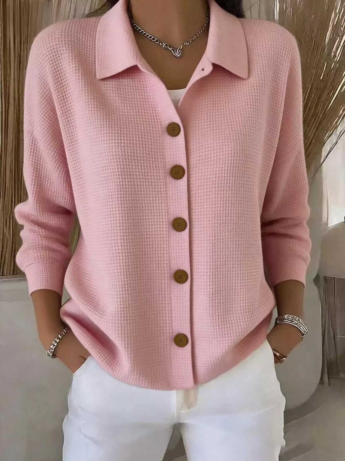 full size waffle knit button-down shirt plus | dropsona - neutral - close-up detail