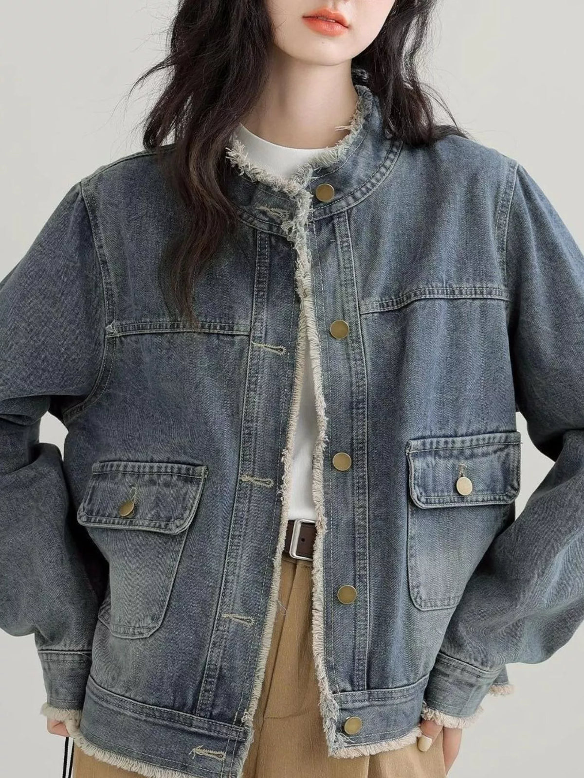 distressed frayed-edge denim jacket with utility | dropsona - neutral - material texture