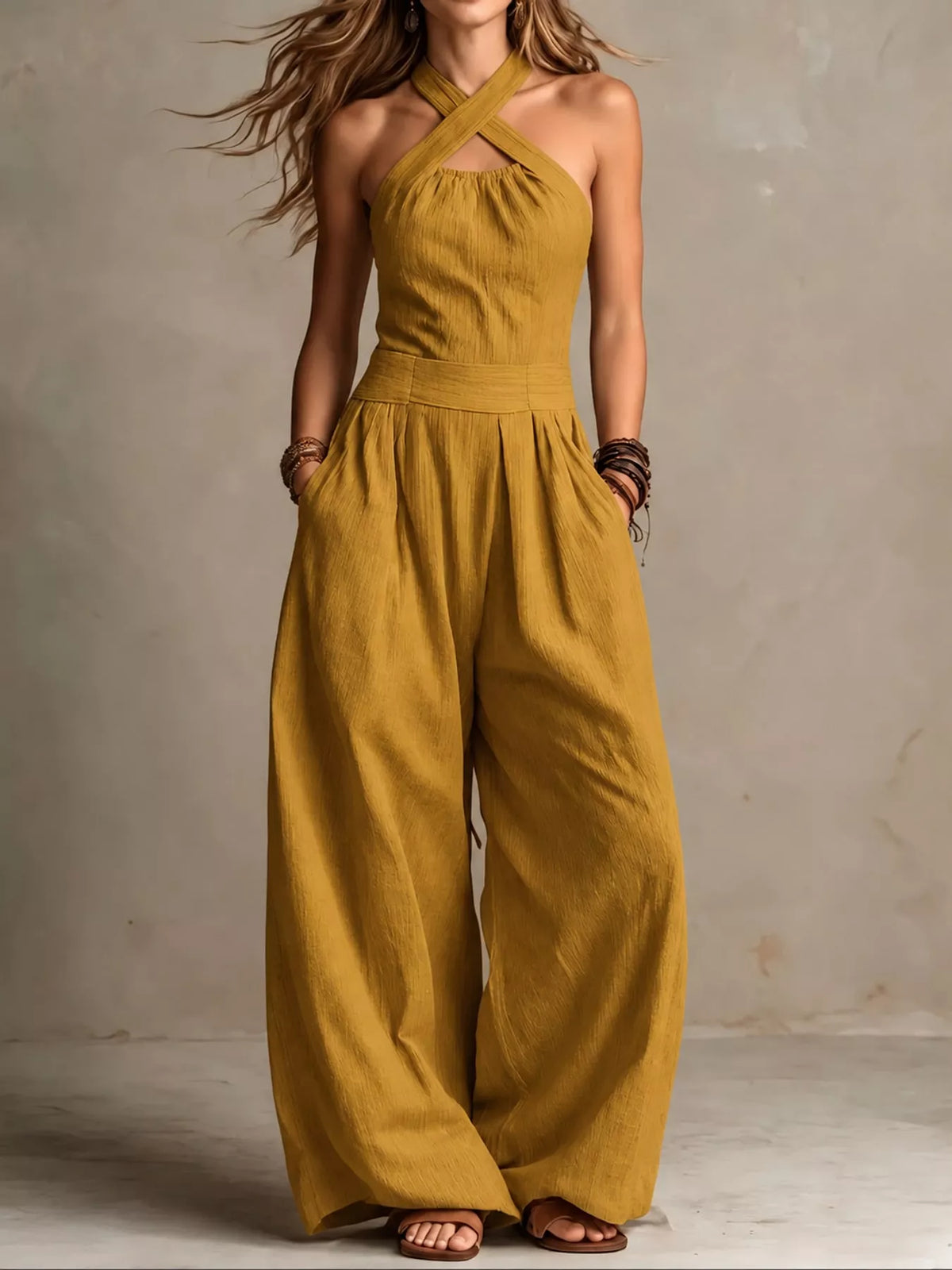 full size halter neck wide-leg jumpsuit plus | dropsona - neutral - front view