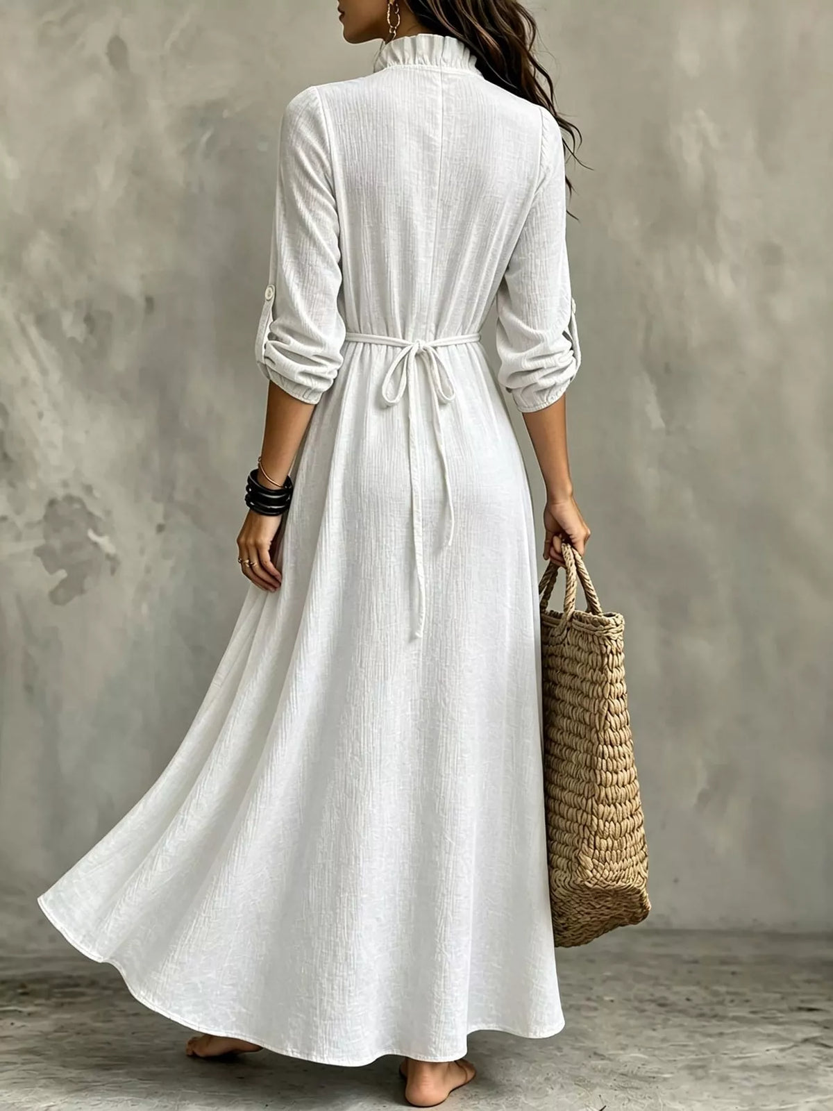 full size frill roll-up sleeve maxi dress plus | dropsona - neutral - material texture