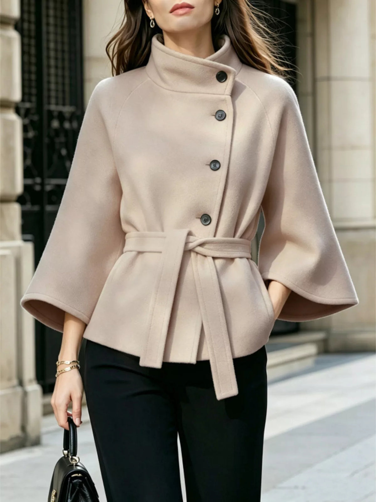 button down cape coat with belted waist | dropsona - neutral - material texture