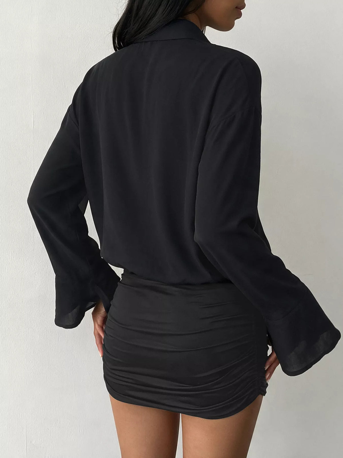 button front flounce sleeve bodycon shirt dress | dropsona - neutral - front view