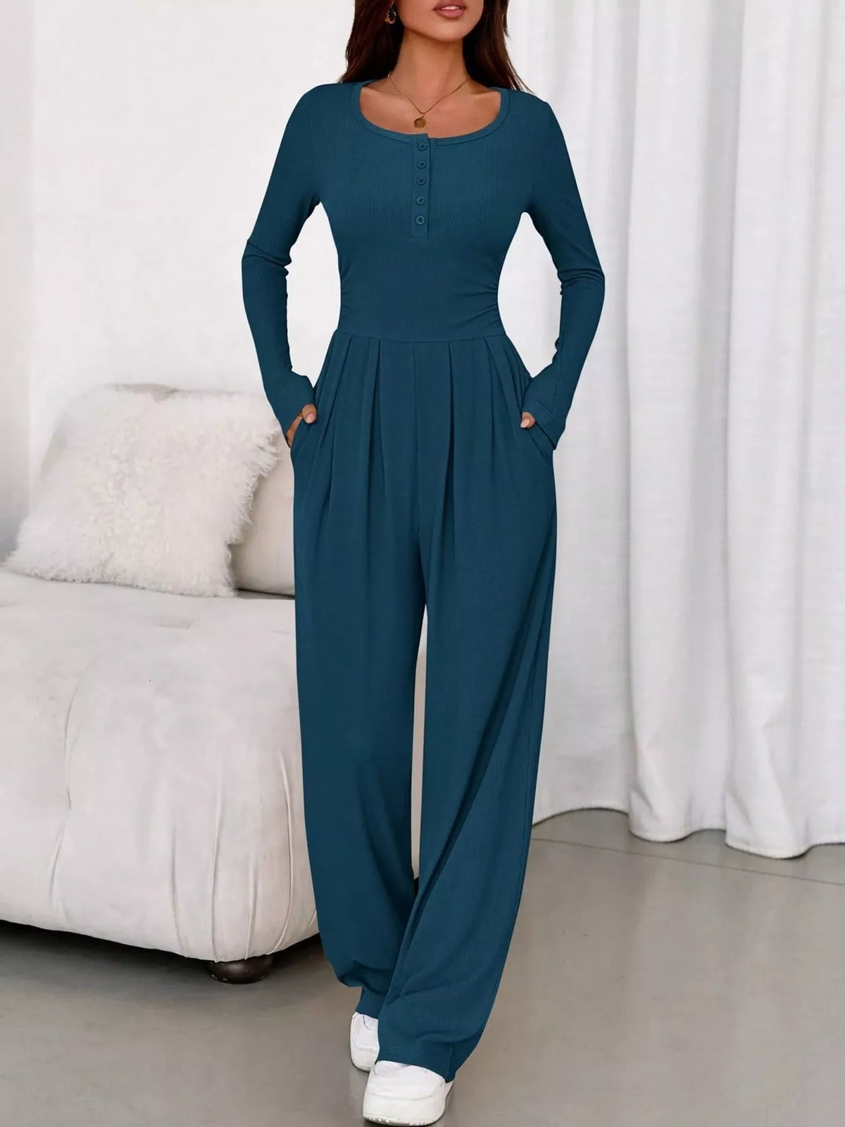 long sleeve ribbed knit wide leg jumpsuit | dropsona - neutral - material texture