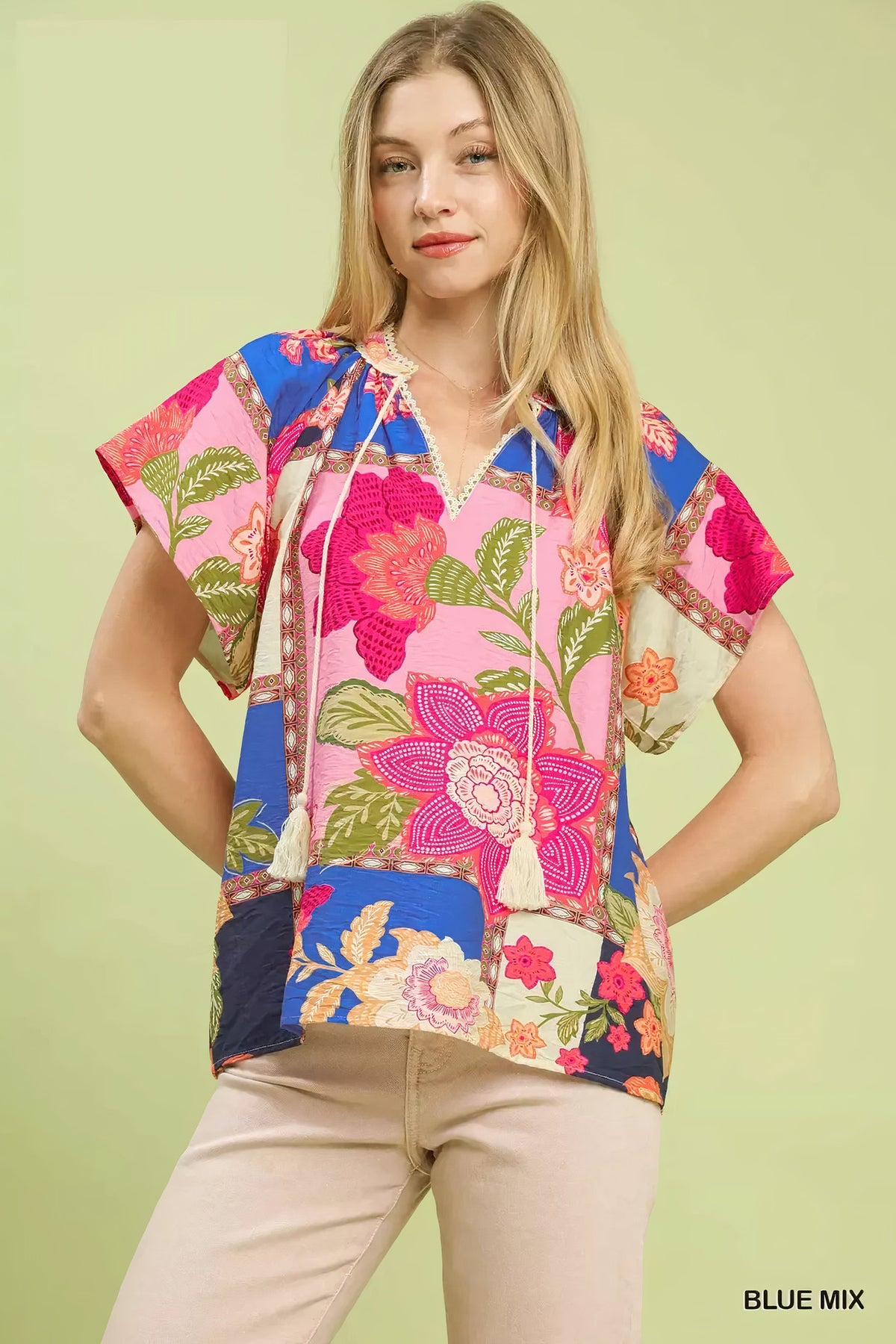 umgee mix floral patchwork tassel tie top - everyday wear
