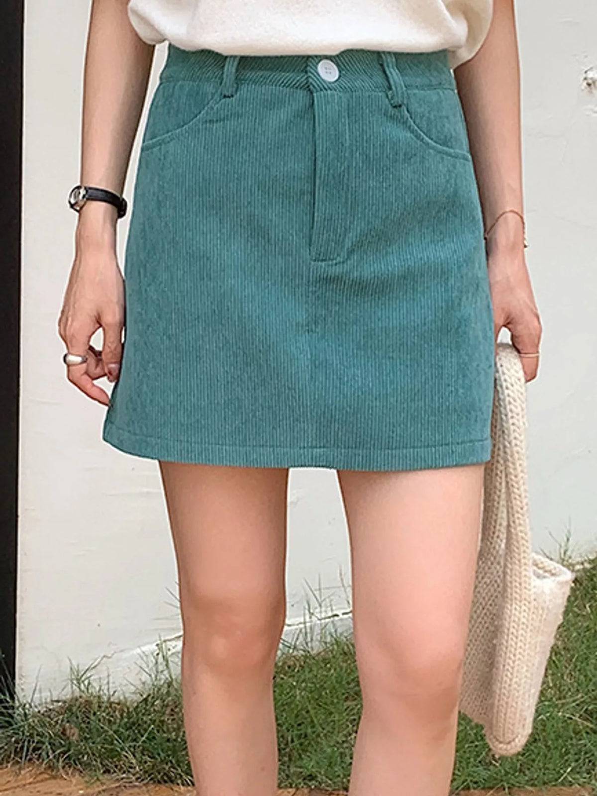 corduroy high-waisted mini skirt | dropsona polyester 100% - neutral - material texture