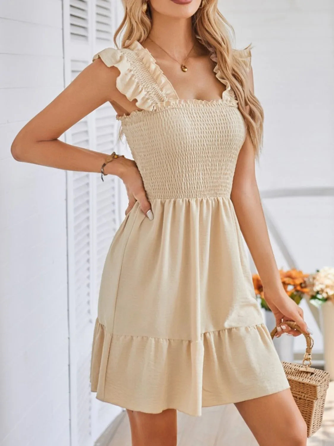 smocked square neck wide strap dress - material texture