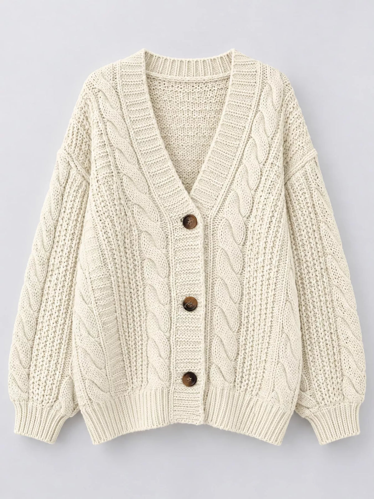 cable knit button-down cardigan | dropsona - neutral - front view