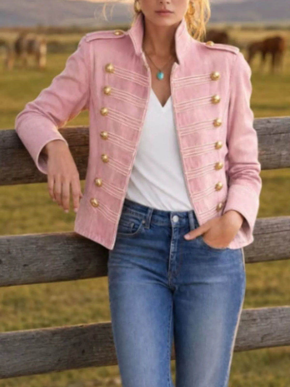 military-inspired denim jacket with gold button | dropsona - neutral - material texture