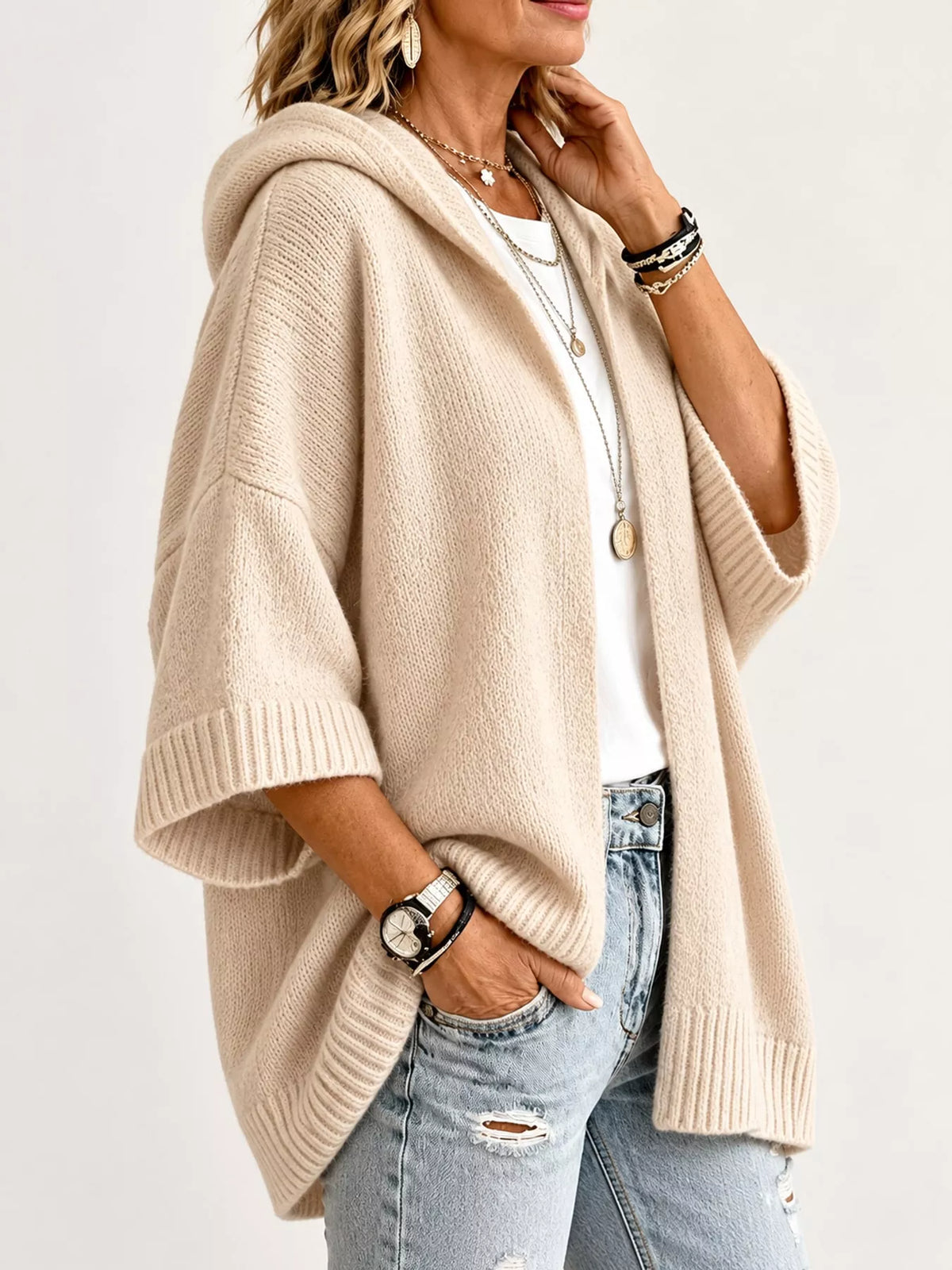full size hooded open-front knit cardigan plus | dropsona - neutral - front view