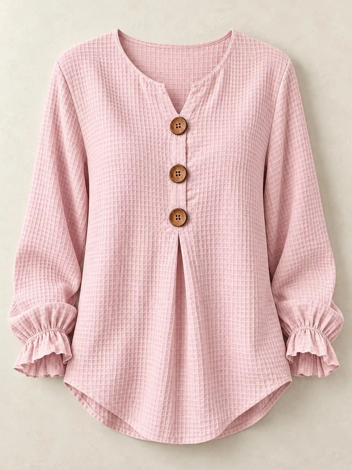 full size waffle knit flounce sleeve blouse plus | dropsona - neutral - close-up detail