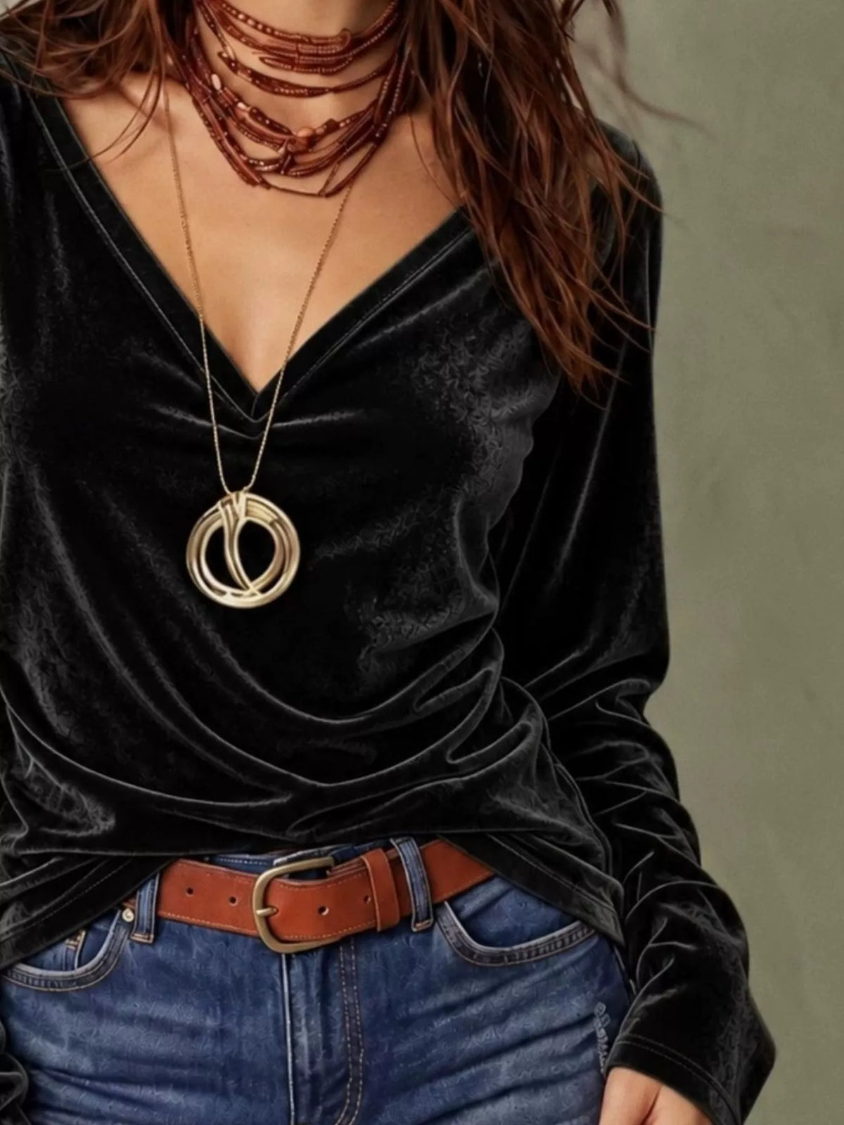 full size v-neck long sleeve velvet blouse plus | dropsona - neutral - material texture