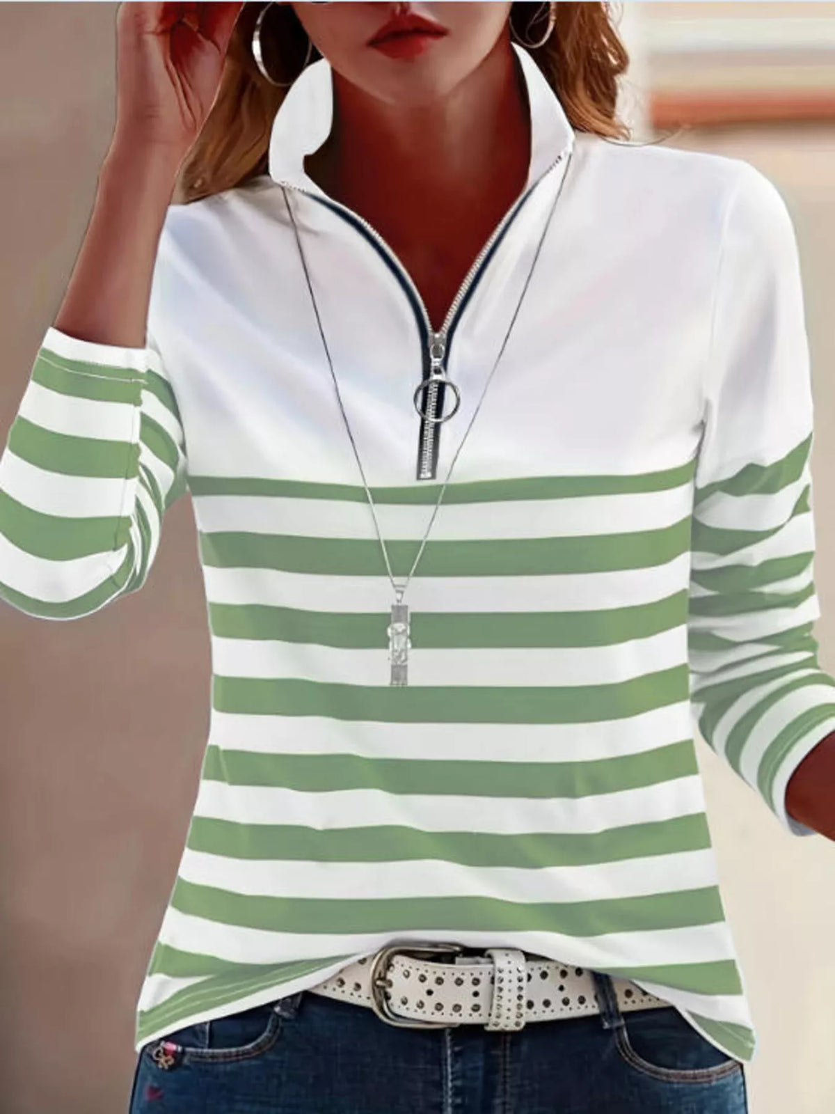 quarter-zip striped long sleeve t-shirt | dropsona - neutral - material texture