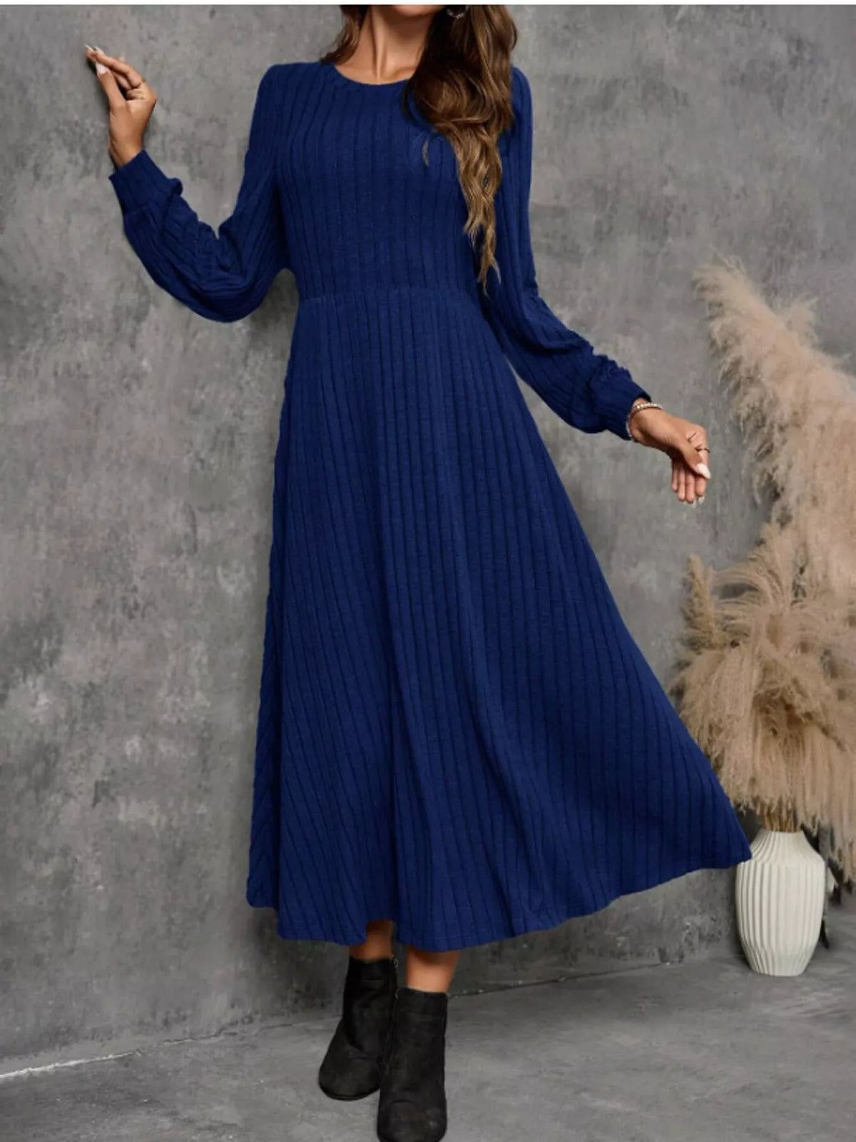 ribbed knit long sleeve a-line midi dress – | dropsona - neutral - packaging