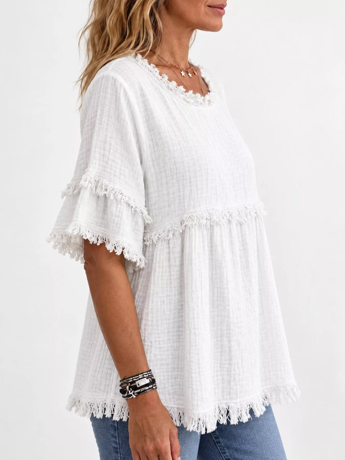 full size frayed edge textured blouse plus | dropsona - neutral - size reference