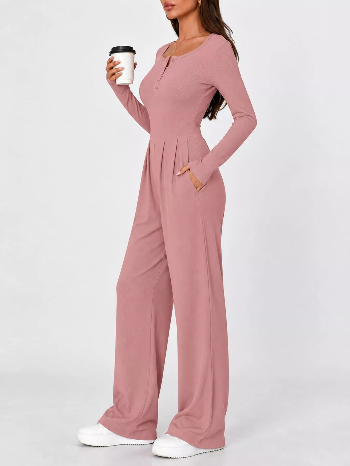 long sleeve ribbed knit wide leg jumpsuit | dropsona - neutral - close-up detail