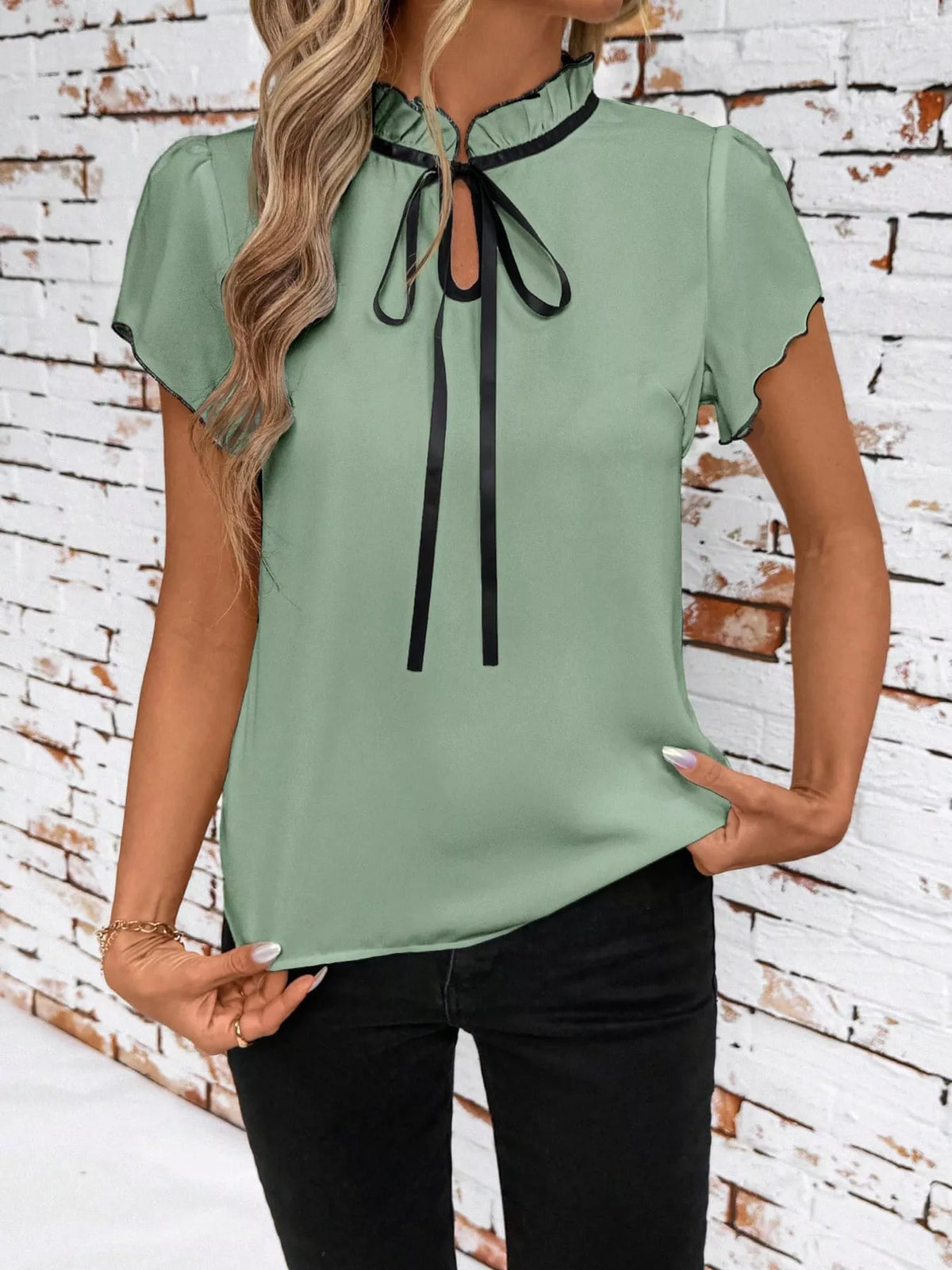 contrast trim ruffle sleeve tie-front blouse | dropsona - neutral - size reference