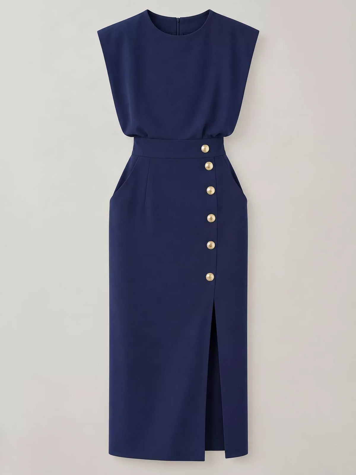 sleeveless midi dress with gold button detail and | dropsona - neutral - close-up detail