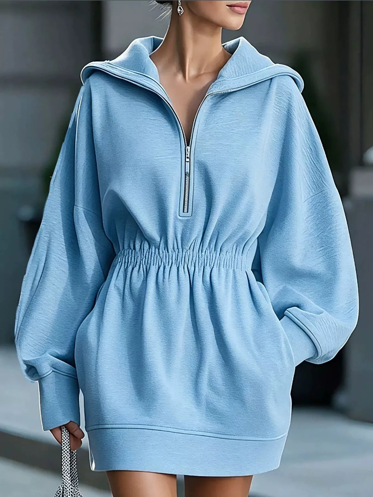 half-zip hooded sweatshirt dress – zipper,pocketed fit | dropsona - neutral - size reference