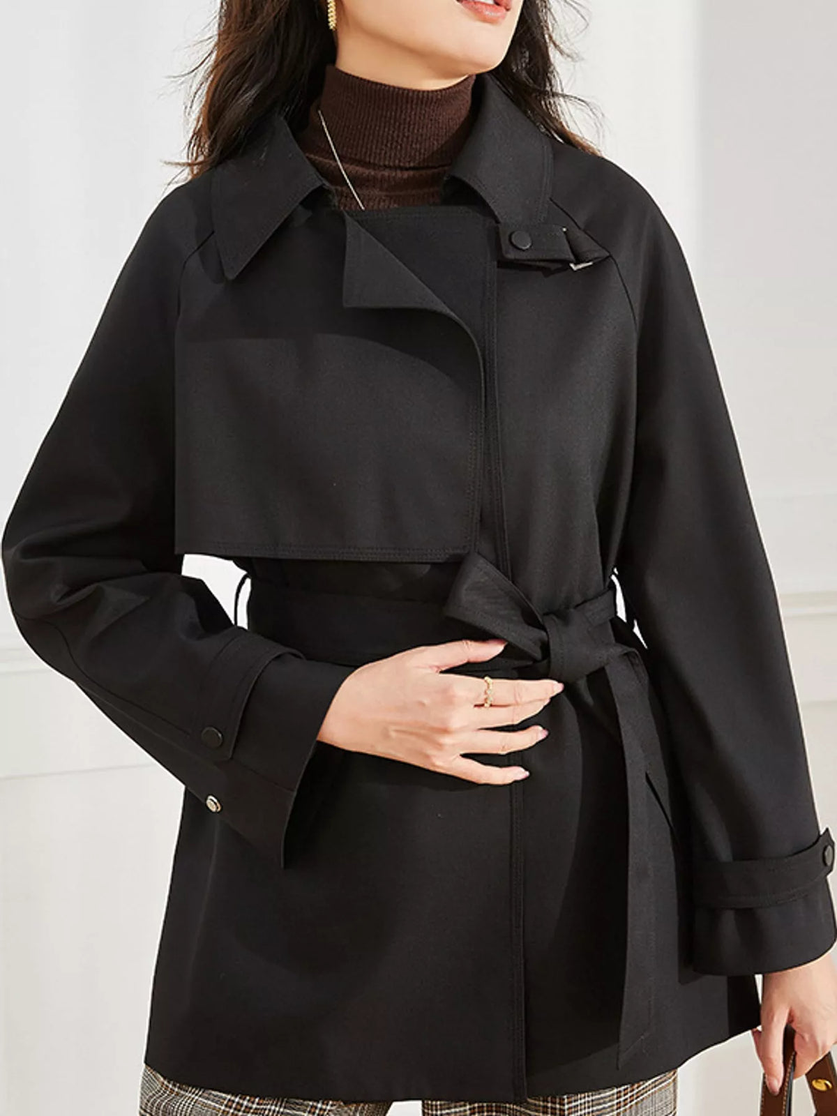 double-breasted tie waist trench coat | dropsona - neutral - front view
