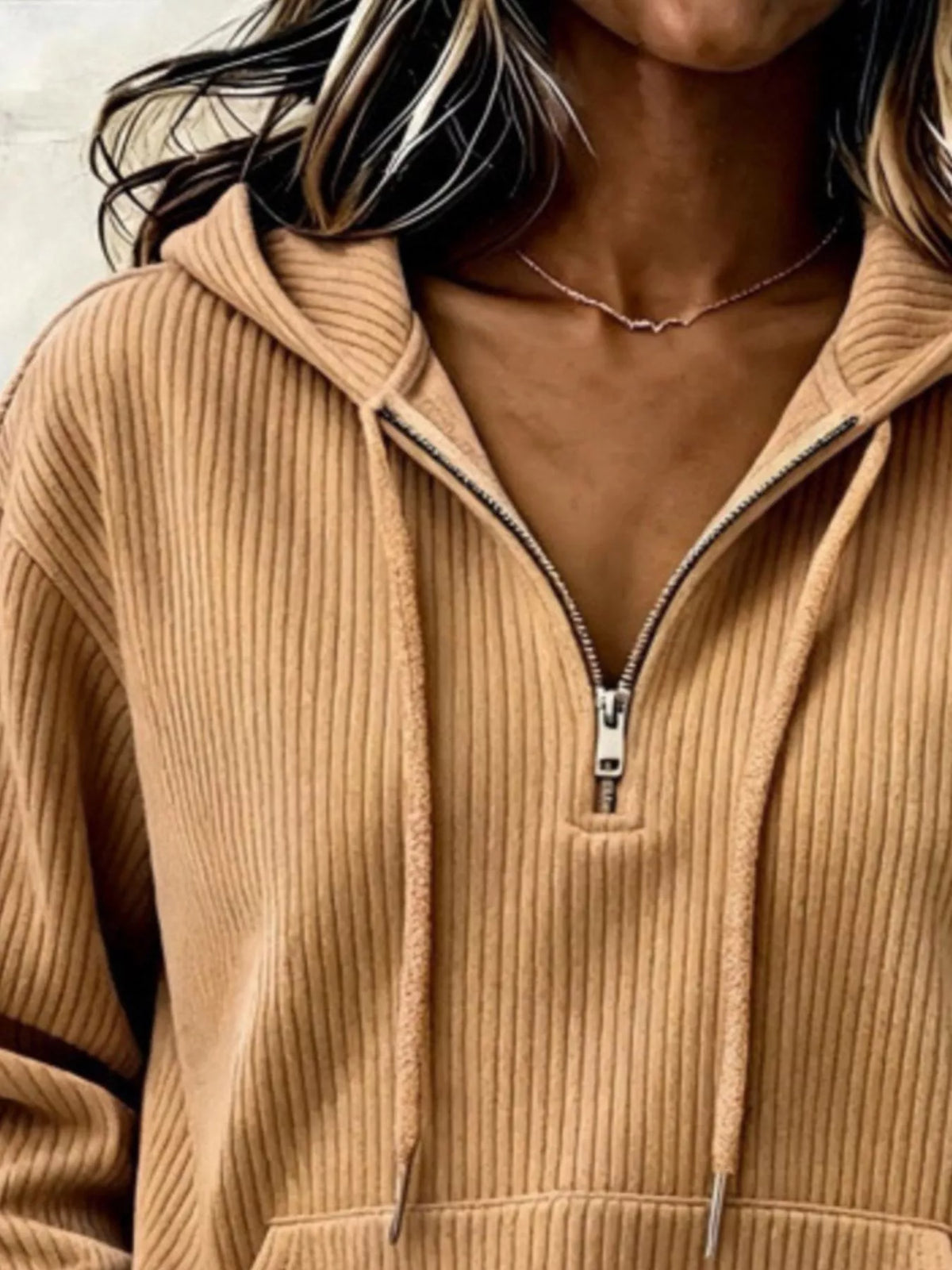 ribbed knit quarter-zip hoodie | dropsona - neutral - front view