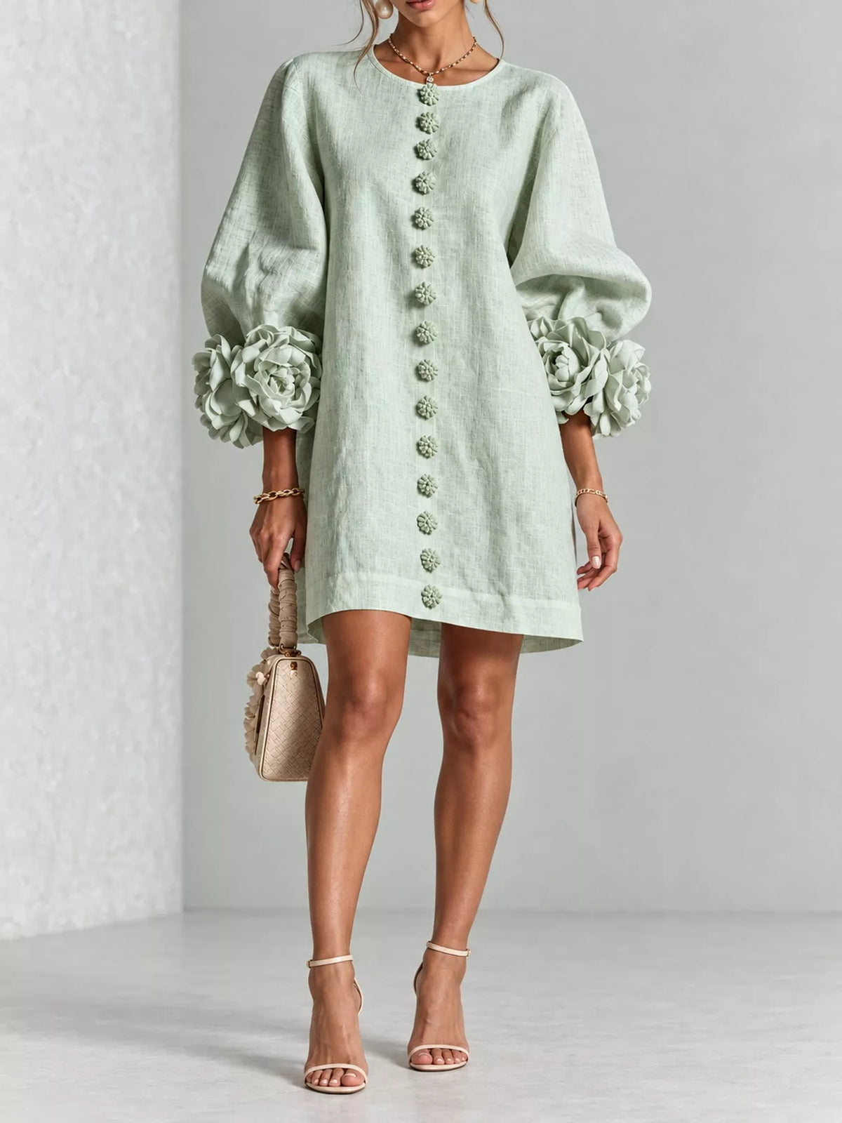 full size 3d floral sleeve accents mini dress plus | dropsona - neutral - packaging